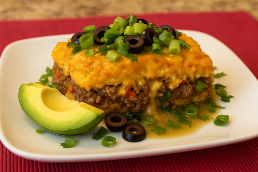 A serving of healthy tamale pie showing the three layers: cornmeal mush (polenta) on the top and bottom and meat and veggie filling in between with melted cheese on top and garnishes, including sliced scallion and black olives, avocado, and green salsa