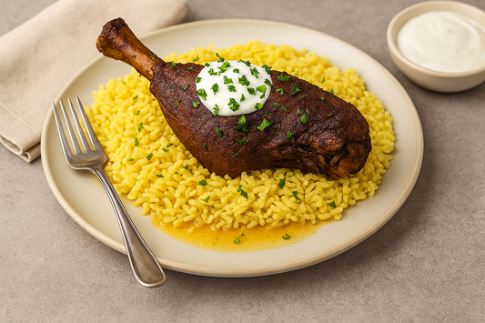 A white plate with a lamb shank over a bed of golden rice topped with a dollop of yogurt and chopped parsley with a fork on the left side of the plate, a small dish of yogurt on the right side, and a folden napkin at the top.