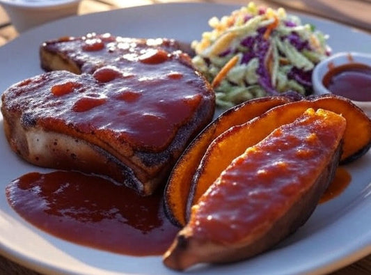 Pork chop glazed with peach barbecue sauce on a white plate with a baked sweet potato and purple-cabbage coleslaw