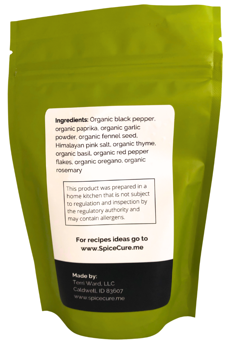 Back label of Nonna’s Sausage organic Italian spice blend with ingredients