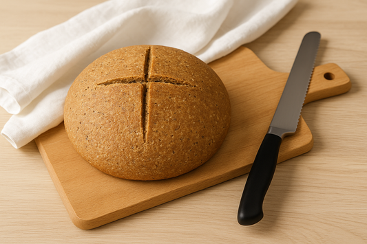 A round loaf of homemade grain-free bread featuring a distinct Christian cross cut into the top, set on a wooden cutting board with a white linen tea towel and a serrated bread knife