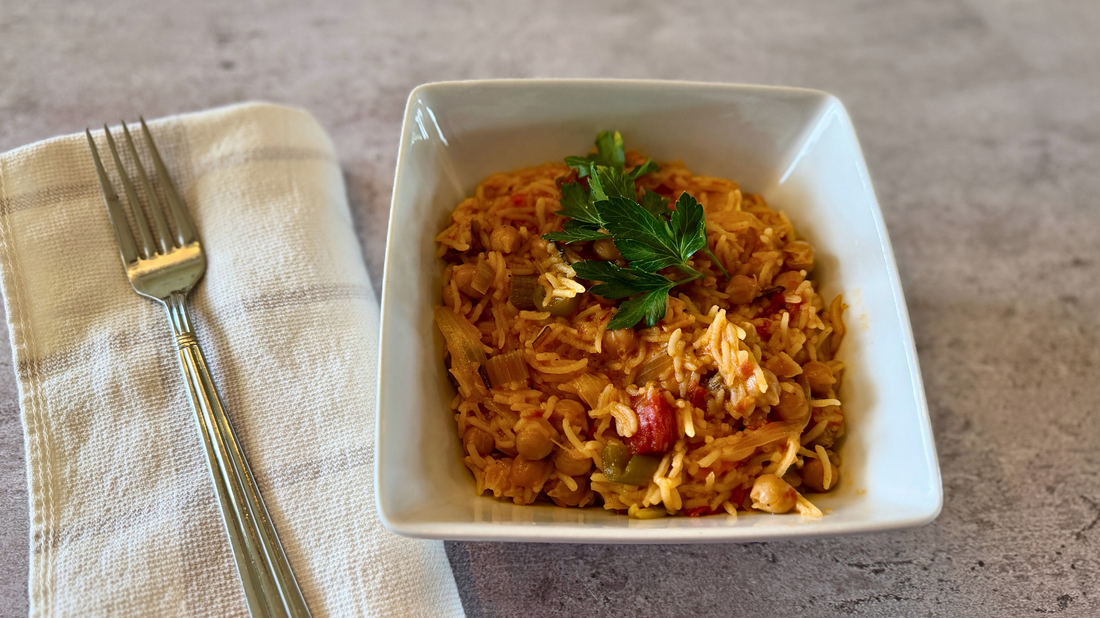 Instant Pot chickpeas and rice with sweet bell peppers in a savory Italian tomato sauce, a one pot Nonna’s Sausage seasoned dinner that’s naturally vegan and gluten free