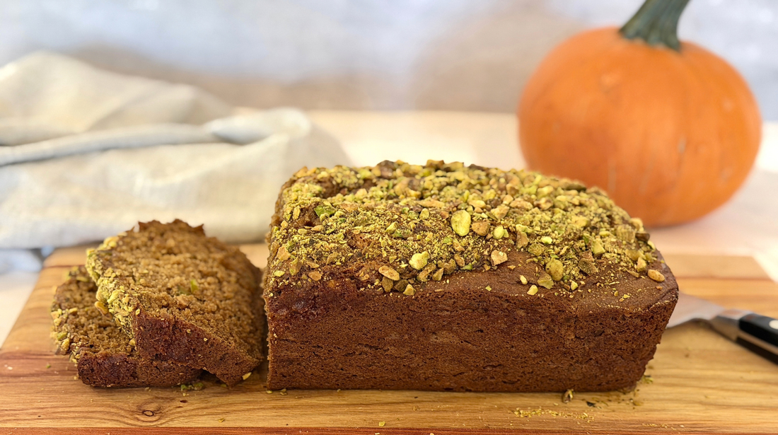 gluten-free pumpkin pistachio bread topped with salted pistachios