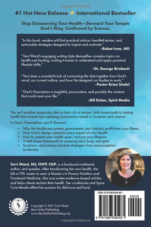 Back cover of God’s Prescription by Terri Ward, with endorsements, book summary, author bio, and ISBN