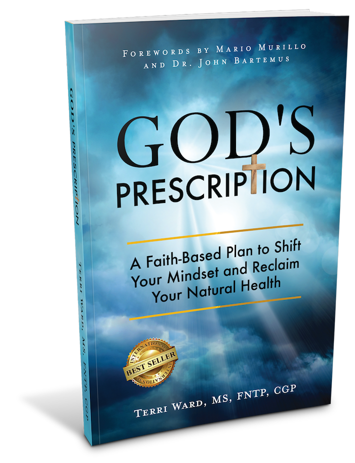 3D book cover image of God’s Prescription by Terri Ward, showing the title and blue sky design.