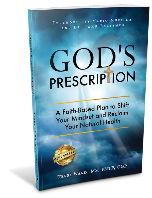 3D book cover image of God’s Prescription by Terri Ward, showing the title and blue sky design.