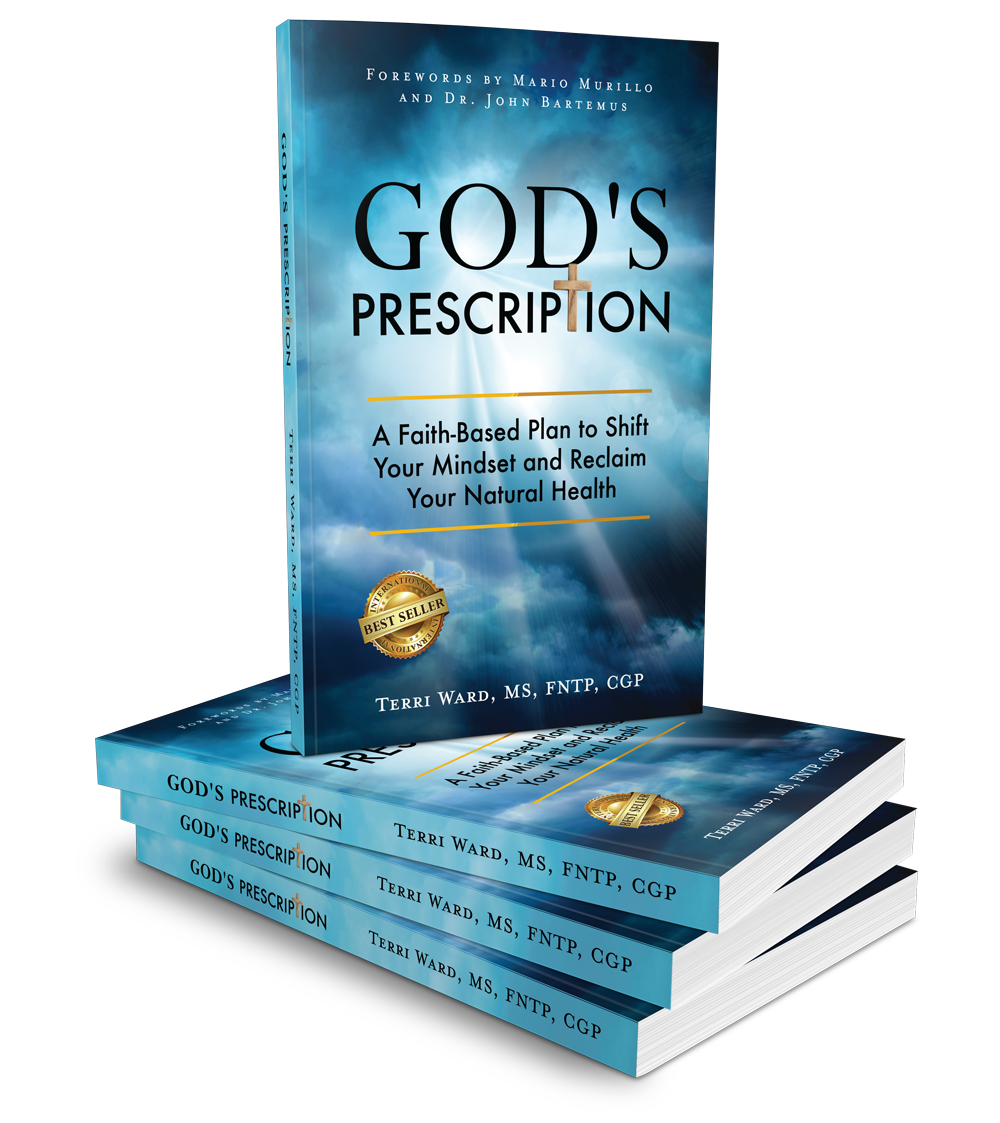 Stacked 3D books of God’s Prescription by Terri Ward, displaying the front cover and spine