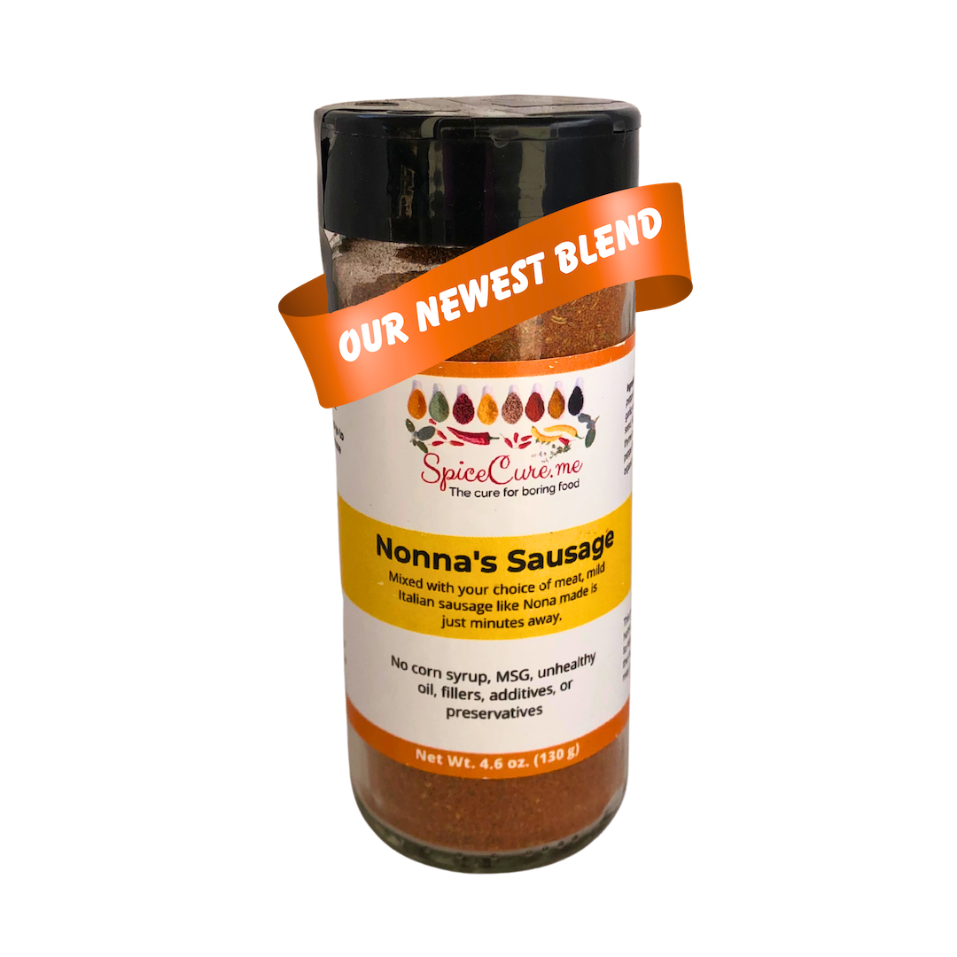 Glass jar of spices labeled 'Nonna's Sausage' with an orange banner reading, "Our Newest Blend"
