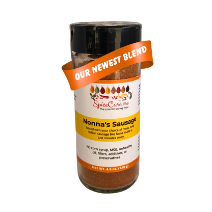 Glass jar of spices labeled 'Nonna's Sausage' with an orange banner reading, "Our Newest Blend"