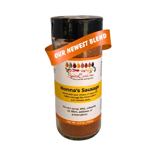 Glass jar of spices labeled 'Nonna's Sausage' with an orange banner reading, "Our Newest Blend"