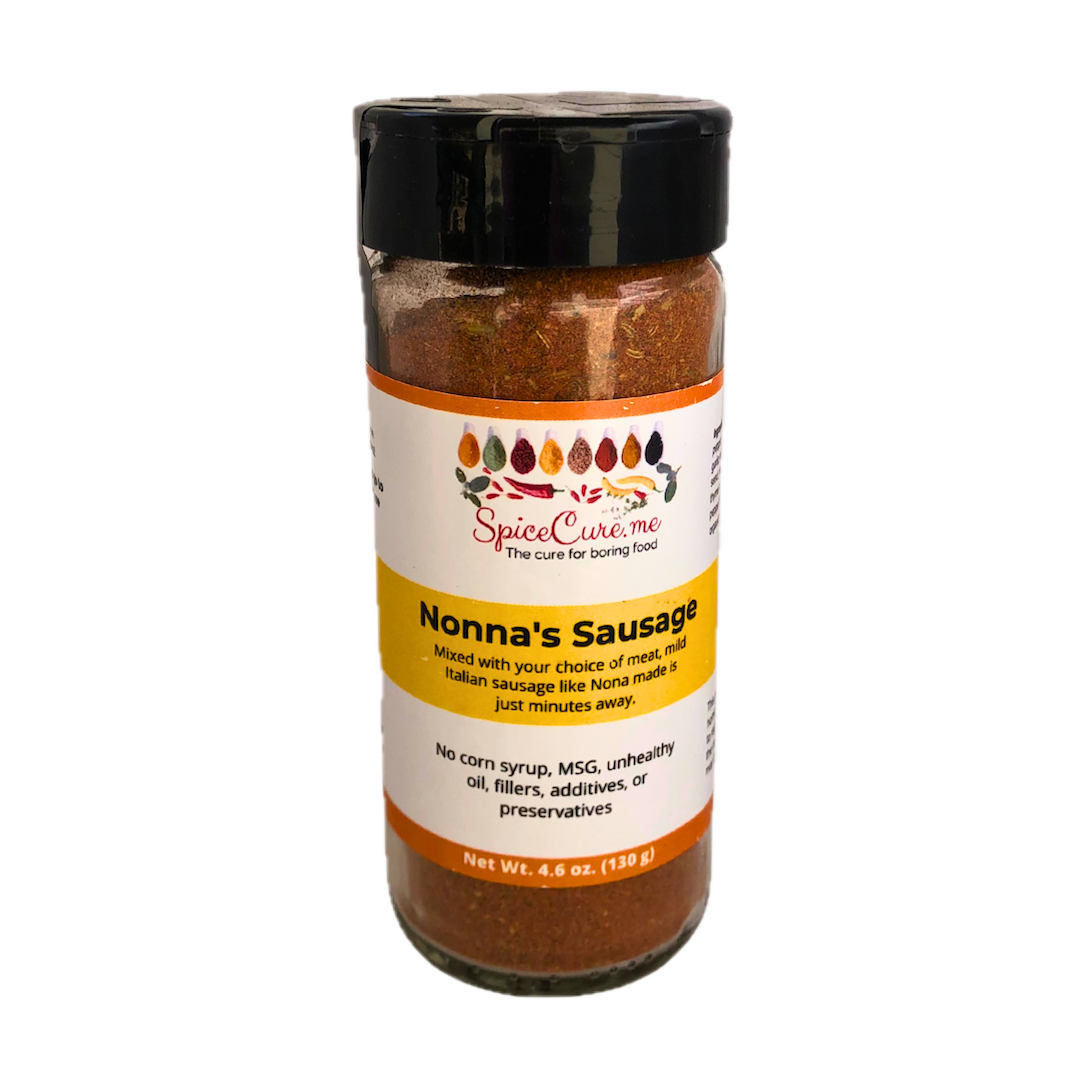 Glass jar of Nonna’s Sausage Italian seasoning blend from SpiceCure.me