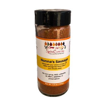 Glass jar of Nonna’s Sausage Italian seasoning blend from SpiceCure.me
