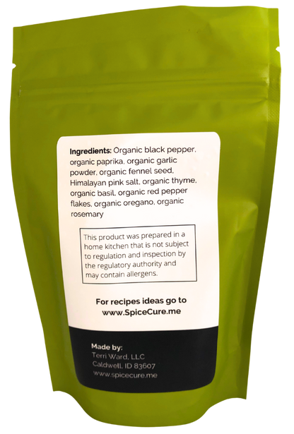 Back label of Nonna’s Sausage organic Italian spice blend with ingredients