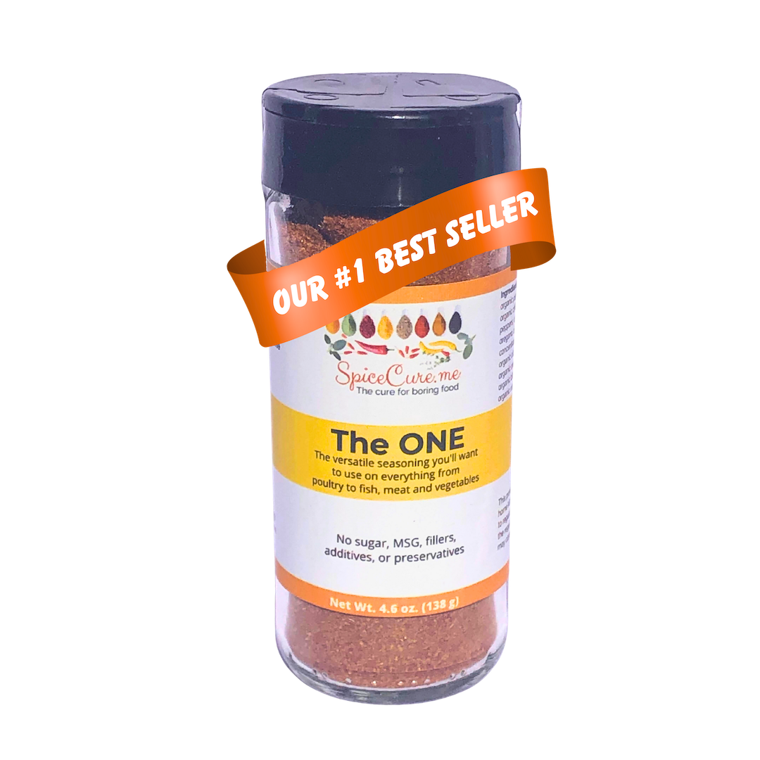 Glass spice jar labeled 'The ONE' with a an orange banner indicating it is 'Our #1 Best Seller'