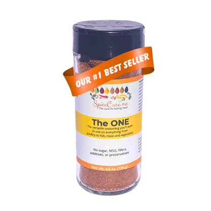 Glass spice jar labeled 'The ONE' with a an orange banner indicating it is 'Our #1 Best Seller'