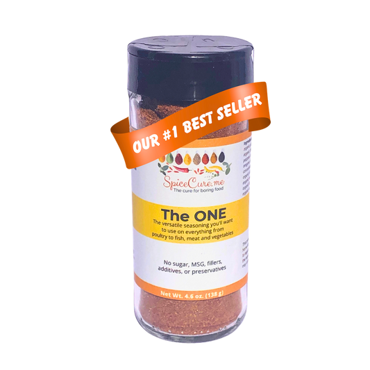 Glass spice jar labeled 'The ONE' with a an orange banner indicating it is 'Our #1 Best Seller'